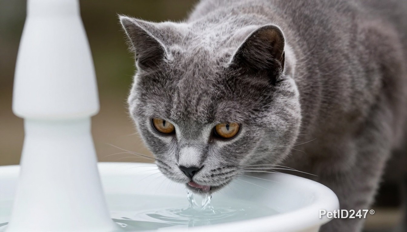 Grey cat drinking from a water fountain