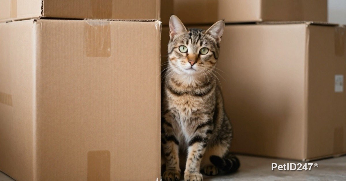 Cat peeking out from behind moving boxes