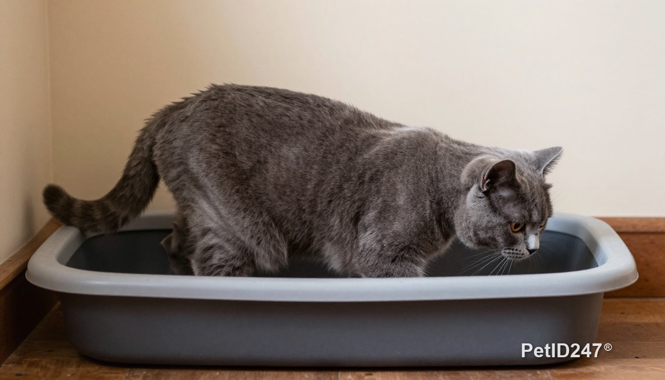 Grey cat stepping into a low-sided litter box
