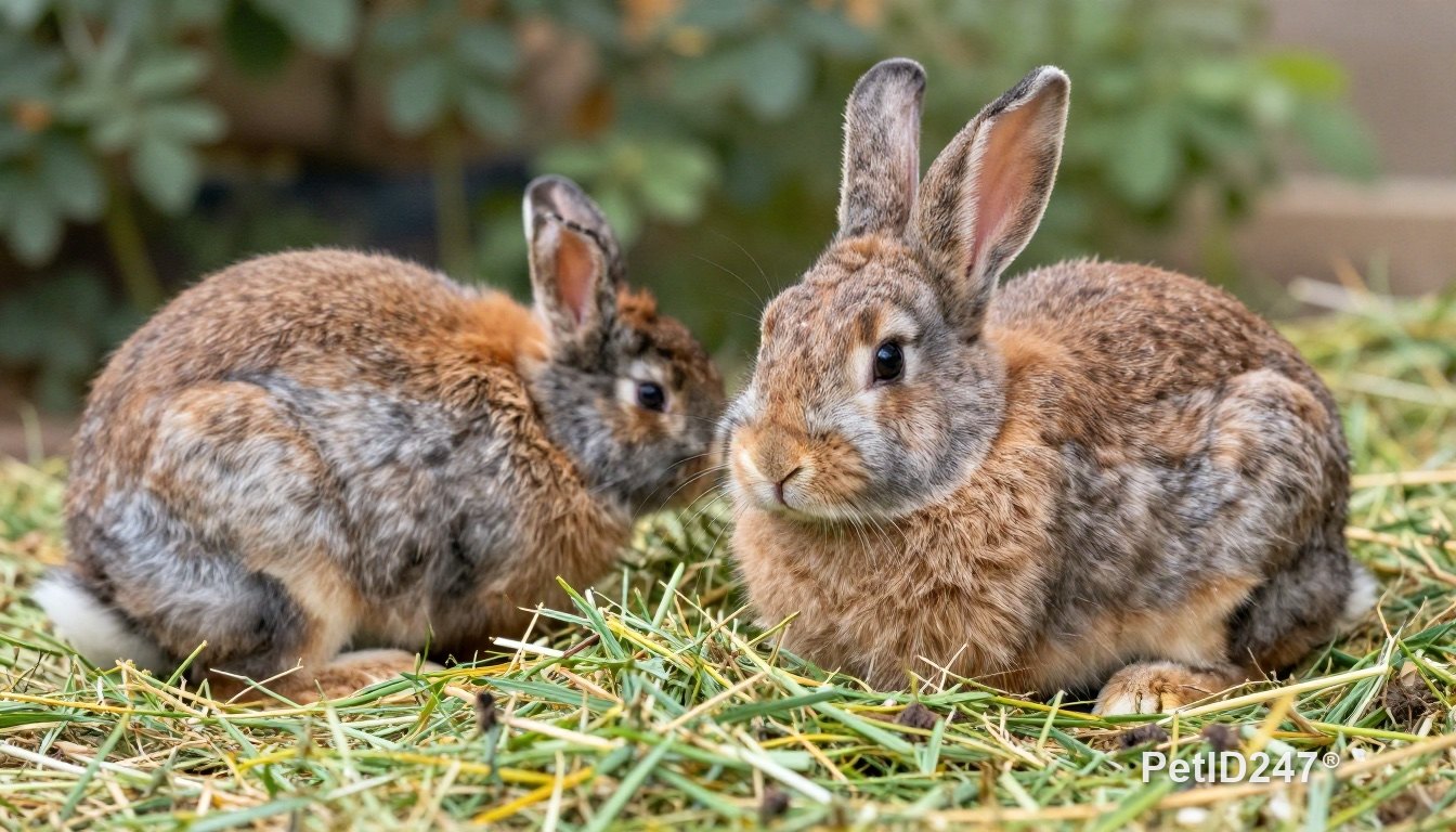 Two rabbits by a pile of hay
