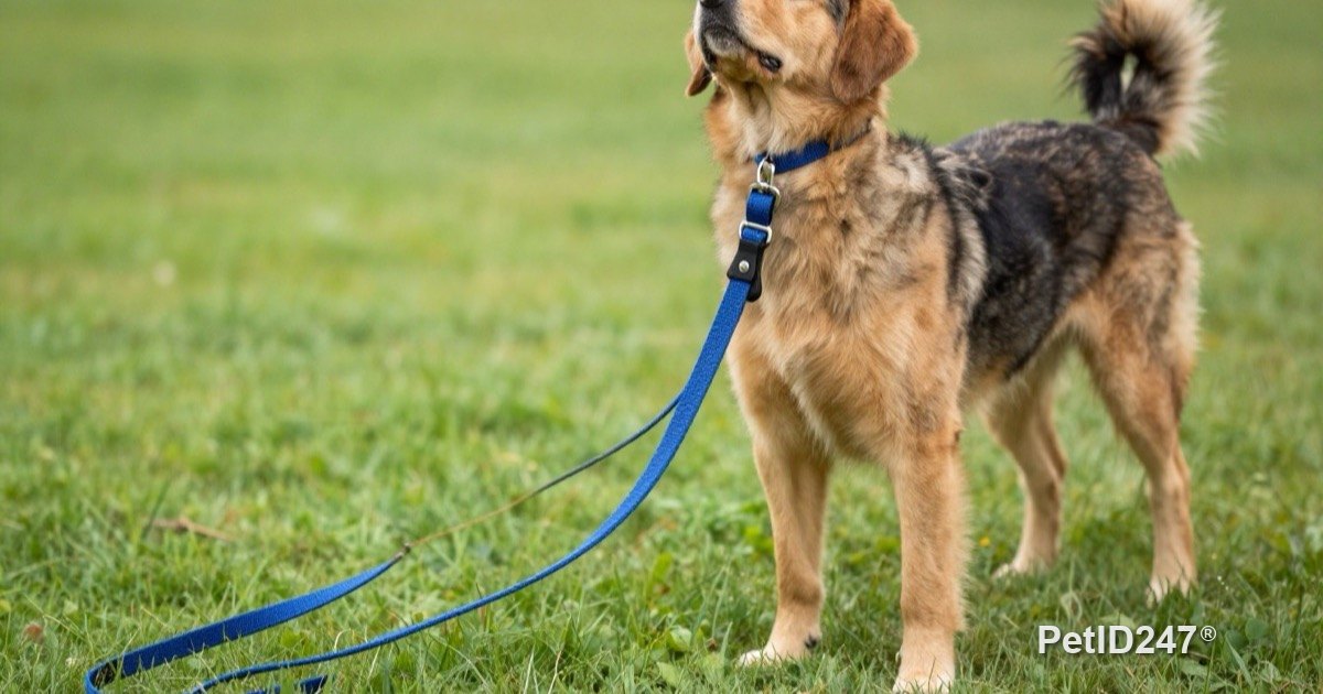 Dog on a leash in a park