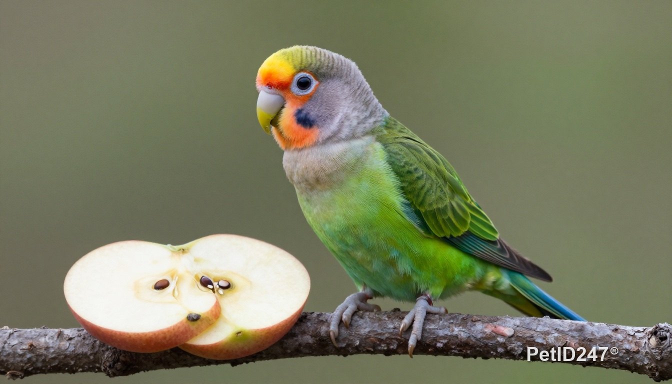 Lovebird next to seedless apple slices