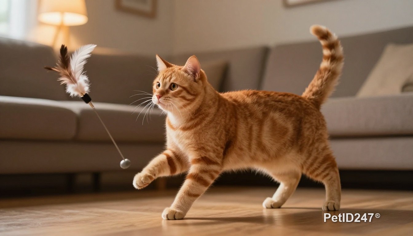 Orange cat pouncing on a feather toy in the evening