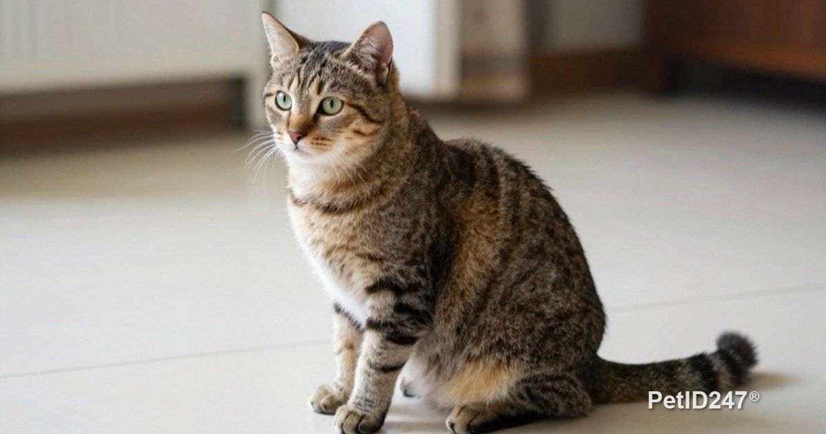 Short-haired cat sitting in a clean, bright room