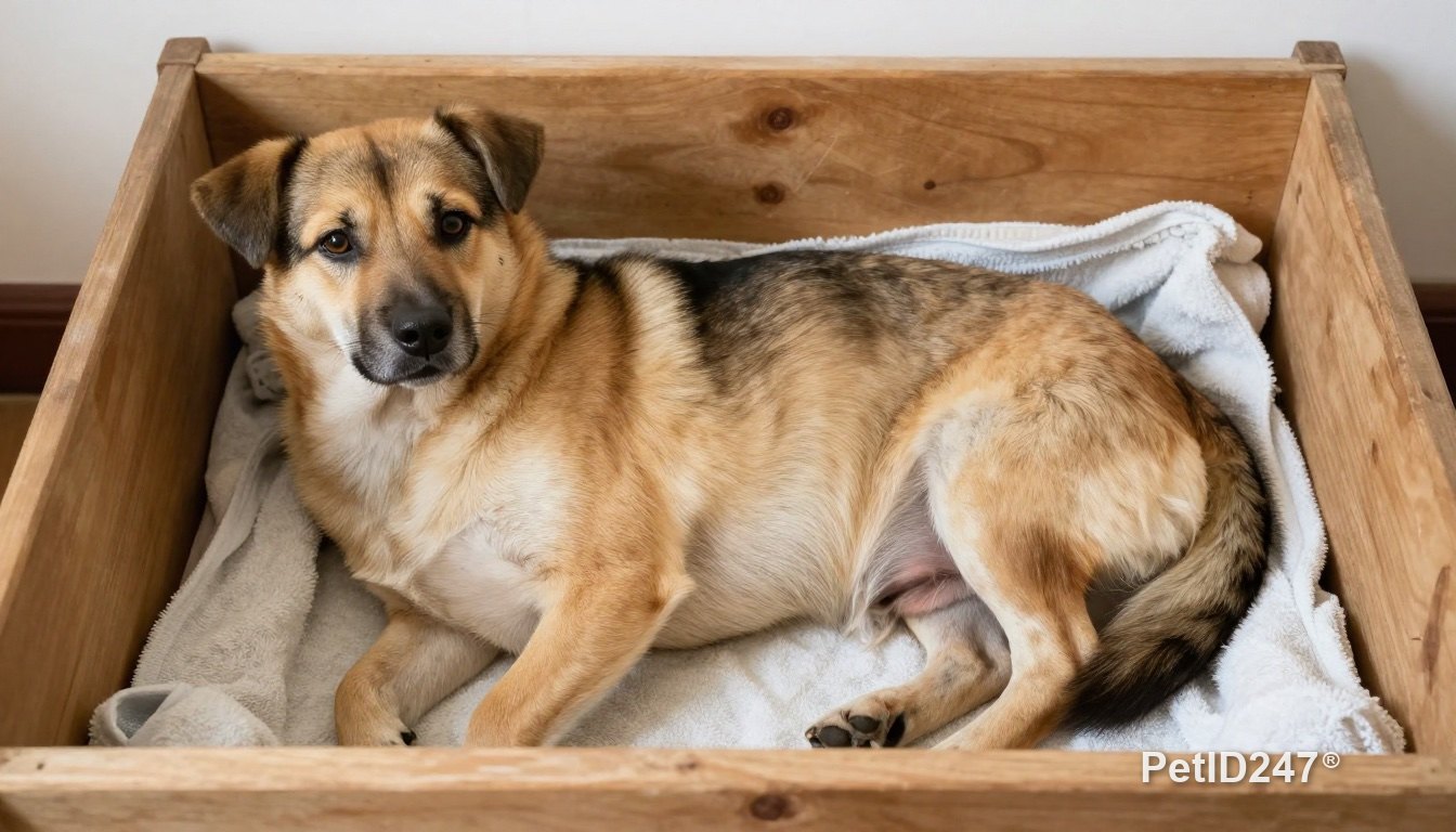 Pregnant dog resting in a towel-lined whelping box