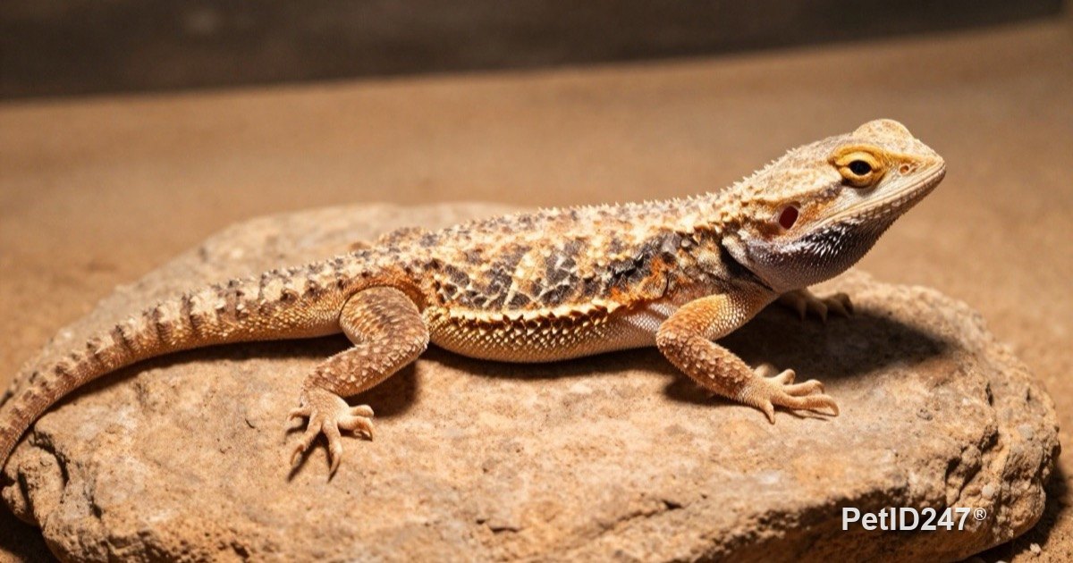 Adult bearded dragon basking on a flat rock
