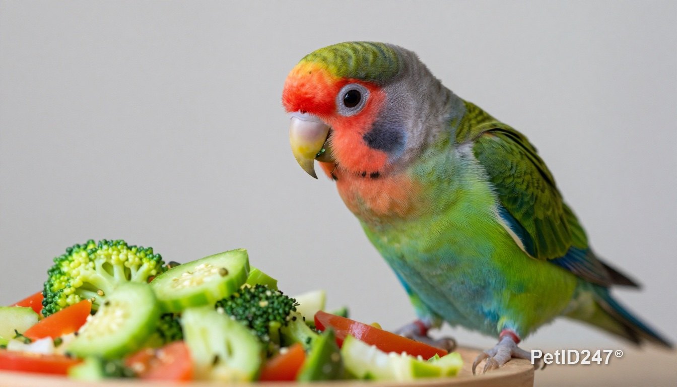 Parrot eating fresh vegetables