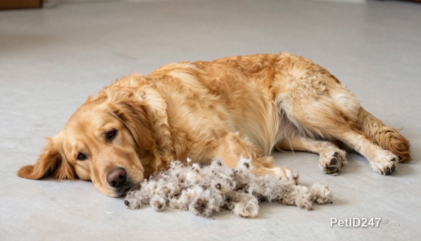 Dog lying next to a clump of shed undercoat