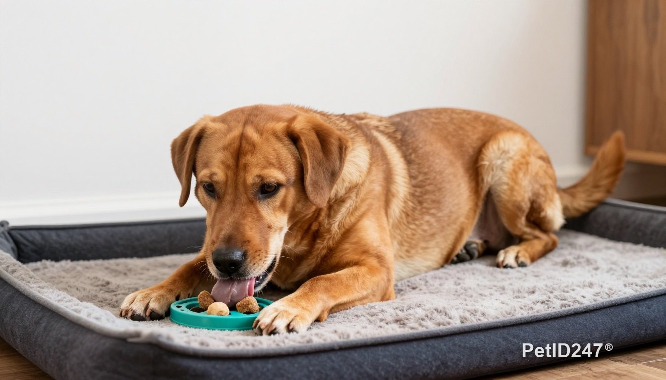 Dog lying on its bed with a food puzzle toy