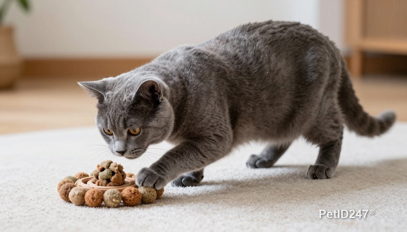 Grey cat pawing at a food puzzle toy