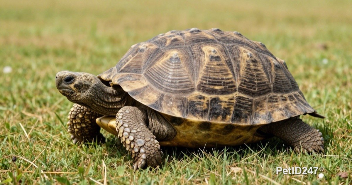 Old tortoise resting on grass