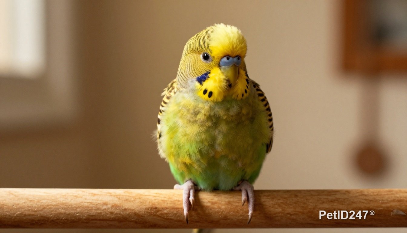 Fluffed-up budgie resting on a wooden perch