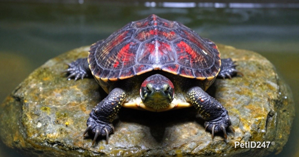 Aquatic turtle basking on a dry platform in a tank