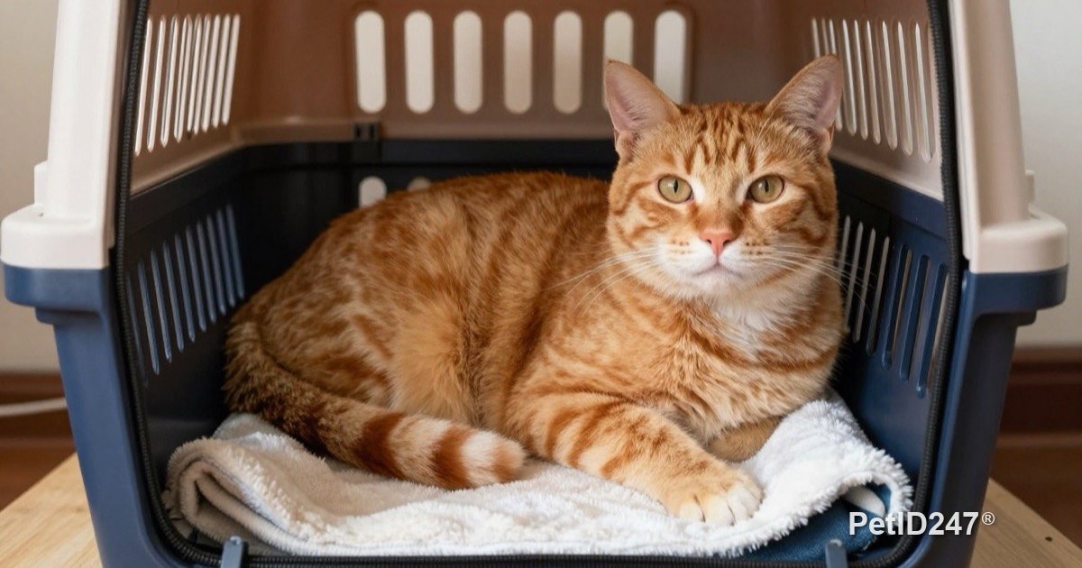 Cat relaxing inside a pet carrier
