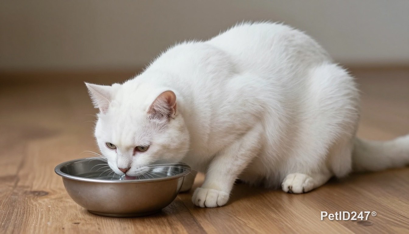 Elderly cat drinking from a wide bowl