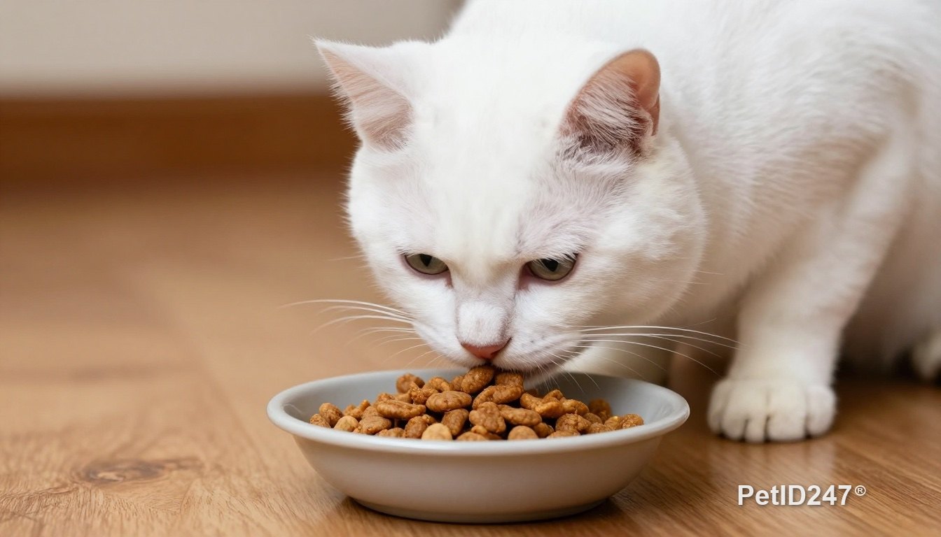 White cat sniffing a bowl of dry food