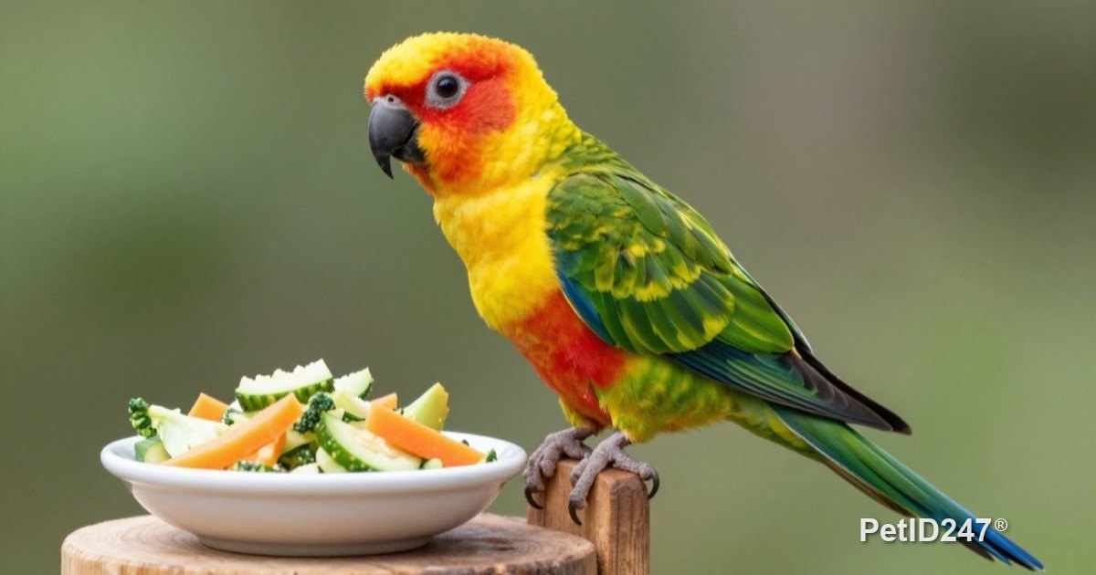Sun conure beside a bowl of chopped vegetables