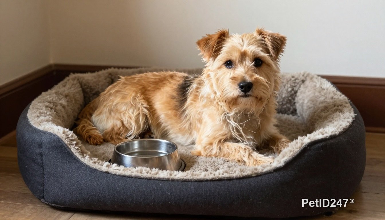 Small dog lying in its bed next to a water bowl