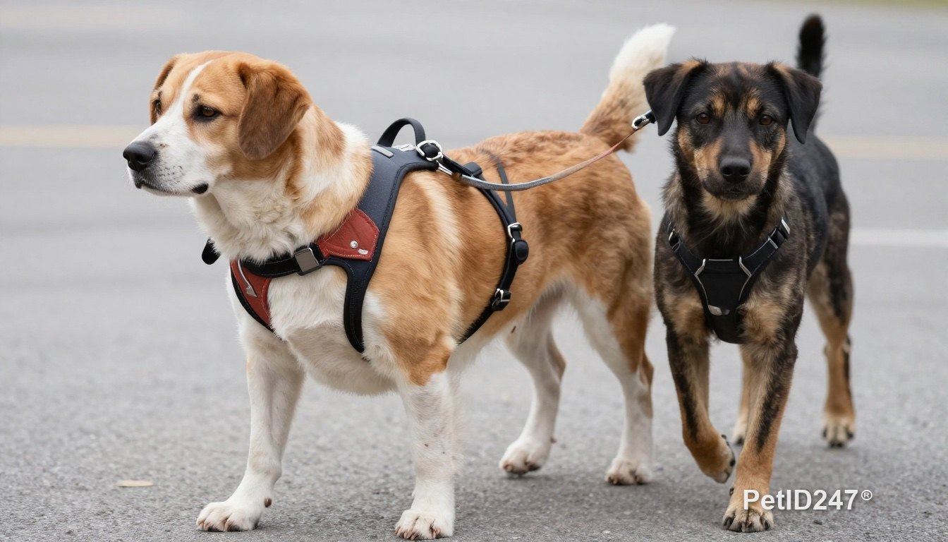 Two dogs in harnesses walking on the street