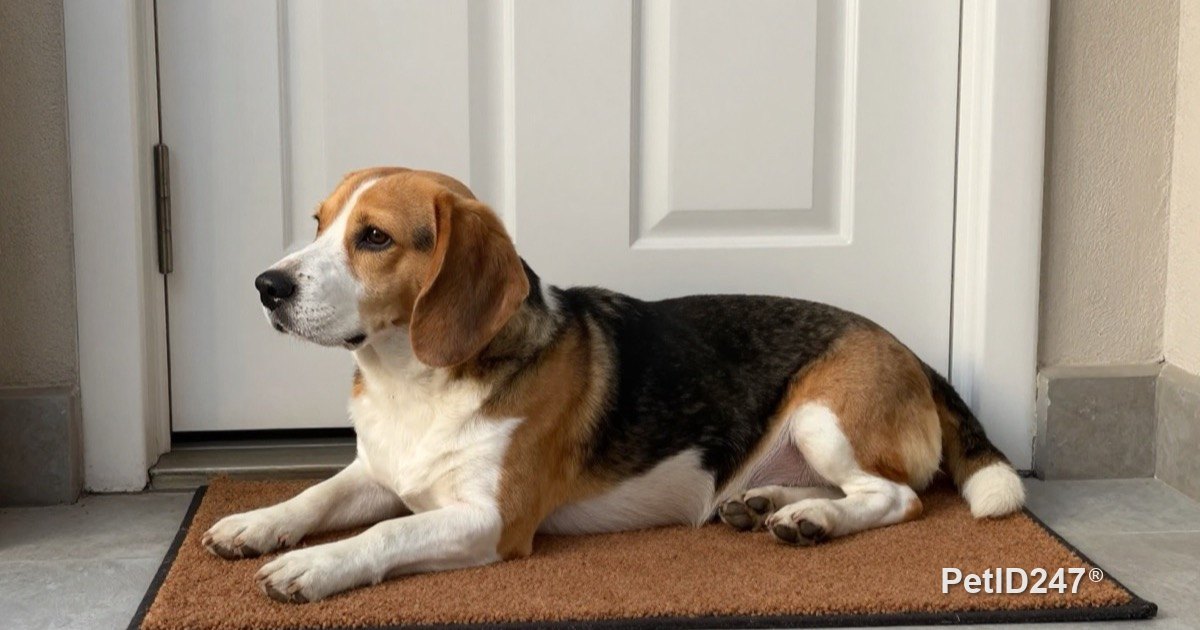 Dog lying by the front door, waiting