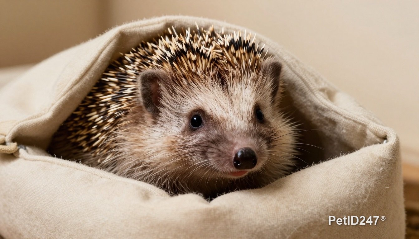 Hedgehog peeking out of a fabric sleeping pouch