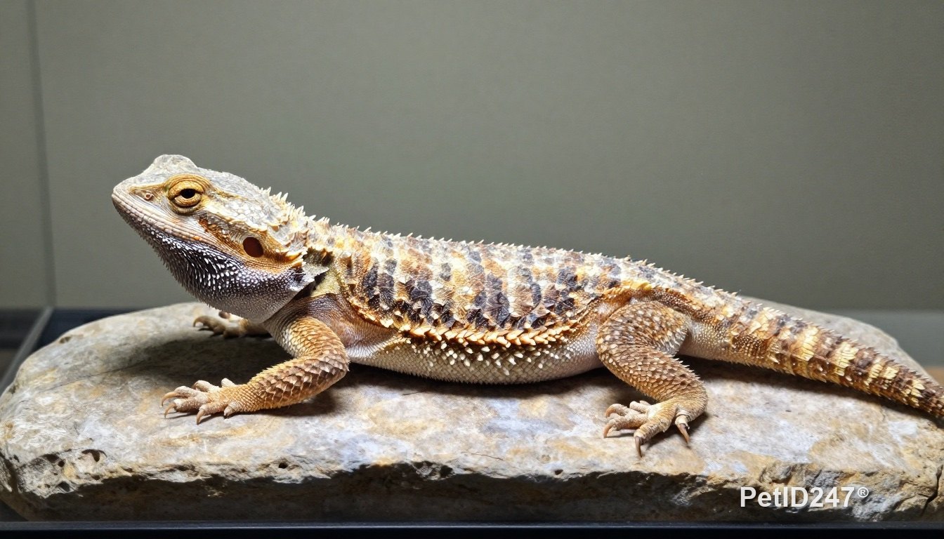 Older bearded dragon resting on a low flat stone