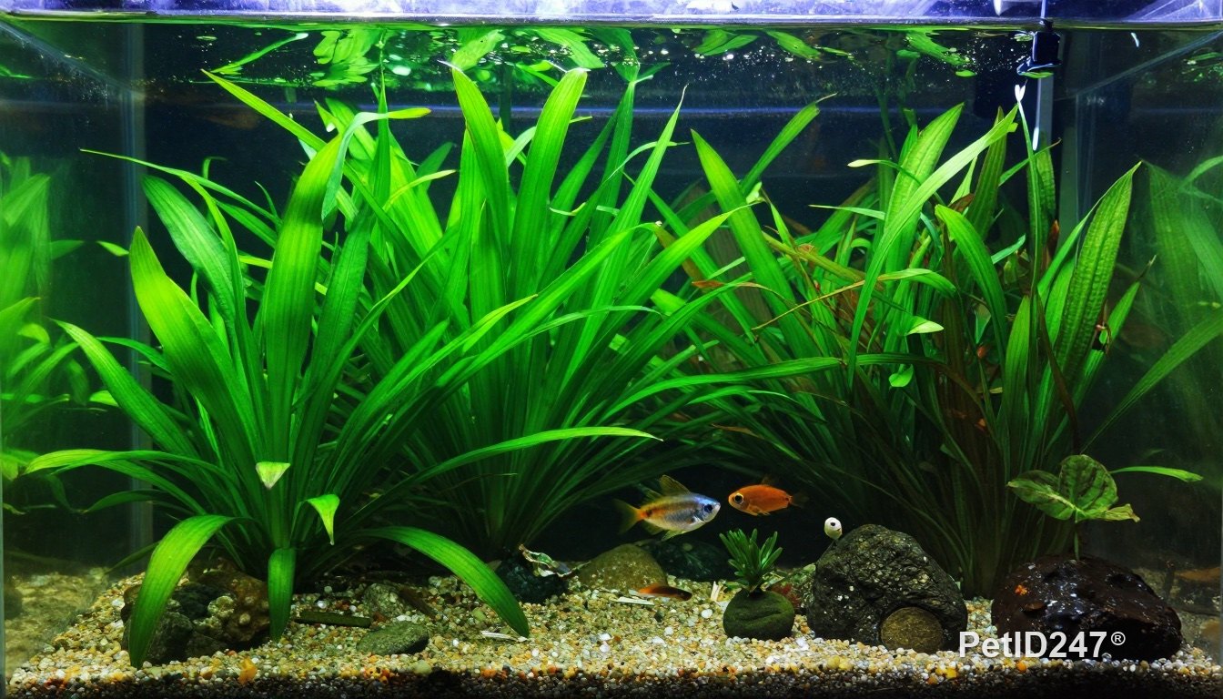 School of tropical fish swimming among aquatic plants