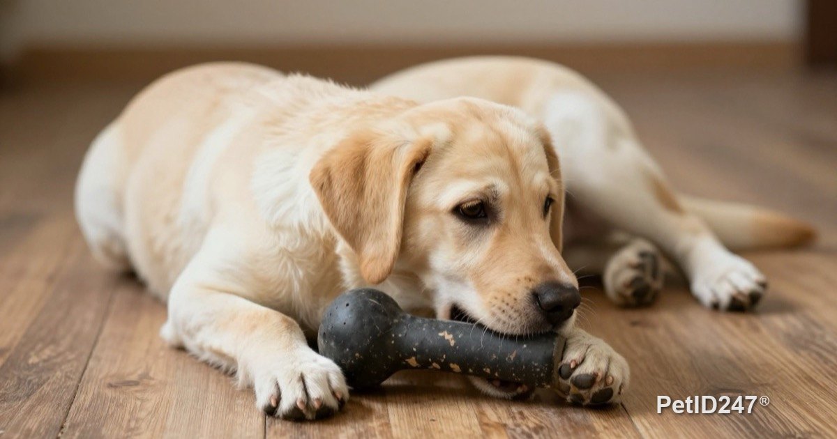 Dog chewing a large rubber chew toy