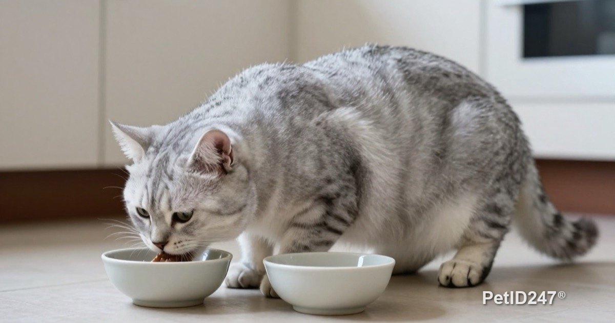 Cat eating from two bowls placed side by side