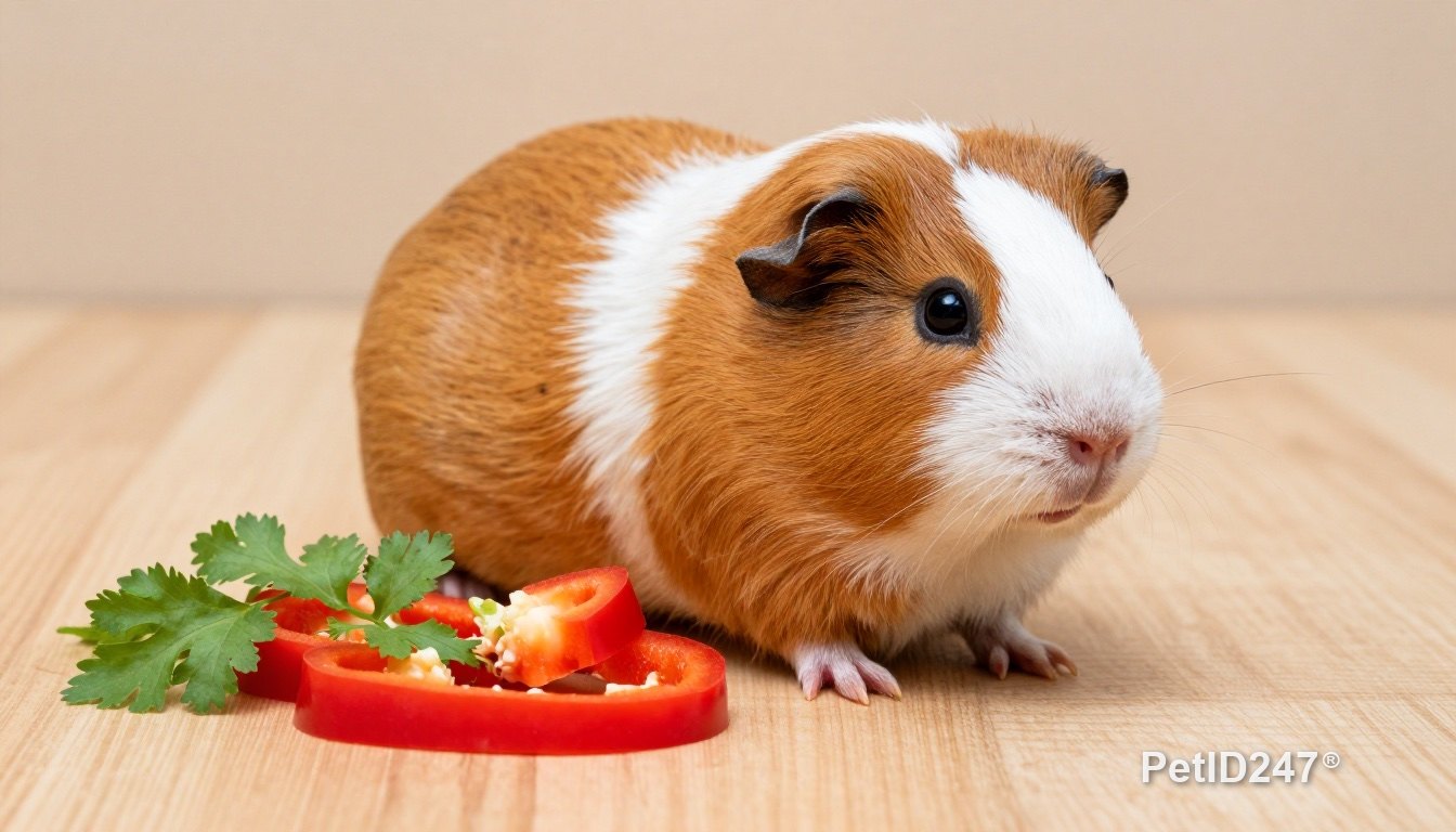 Guinea pig beside red bell pepper and cilantro