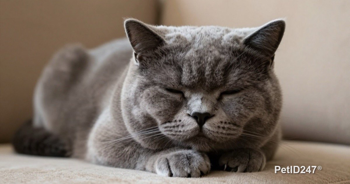Grey cat relaxing on a sofa with half-closed eyes