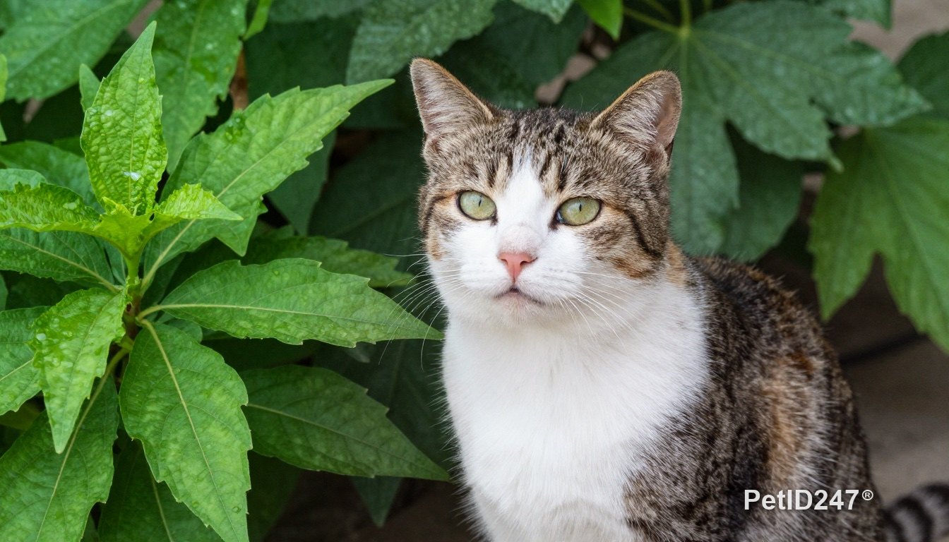 Cat sitting next to indoor plants