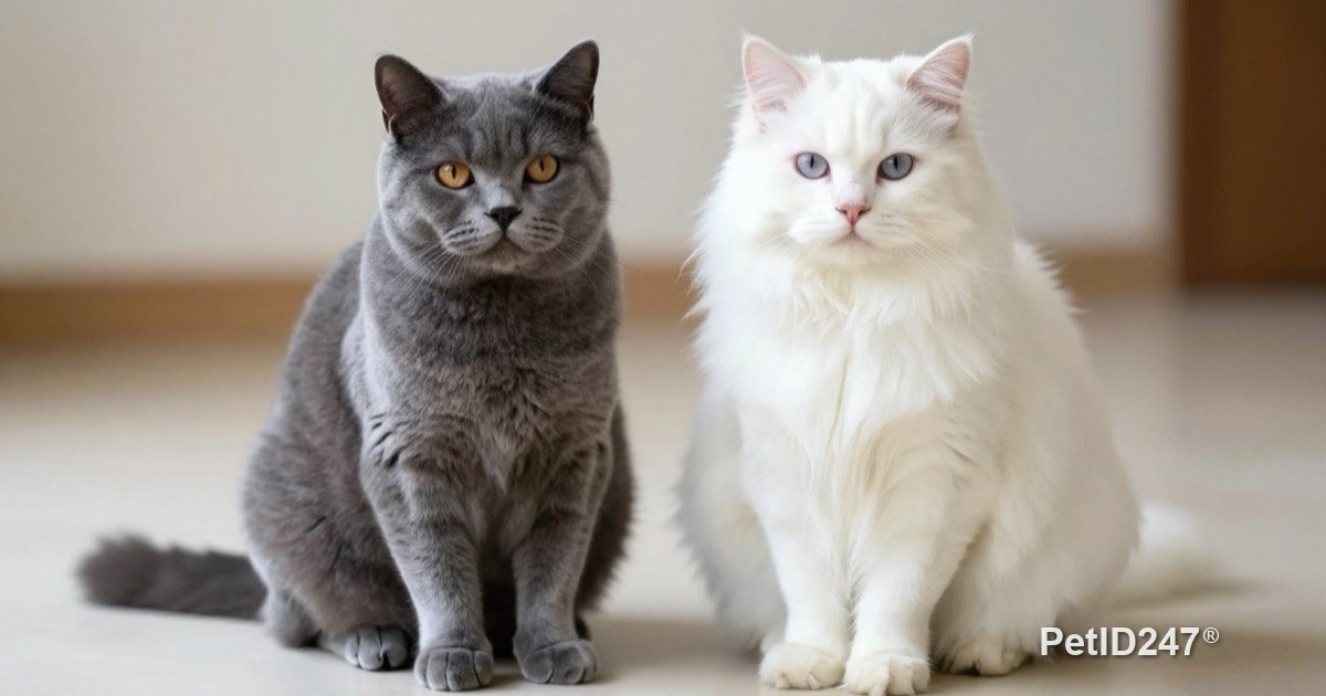 A short-haired and a long-haired cat sitting apart