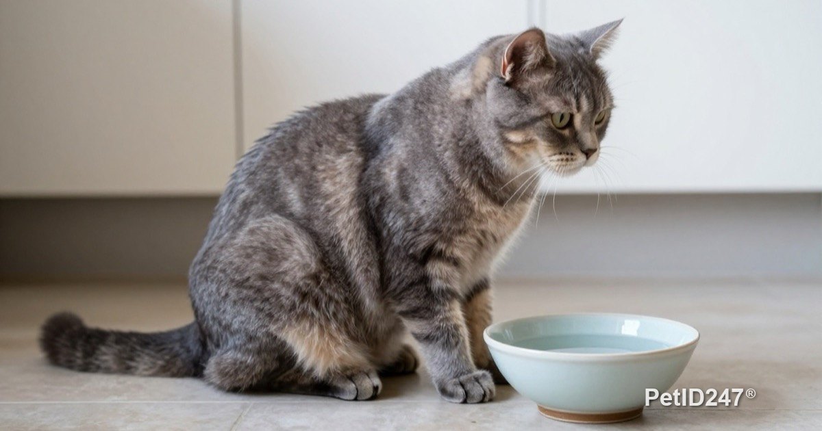 Grey tabby cat sitting next to a bowl of water