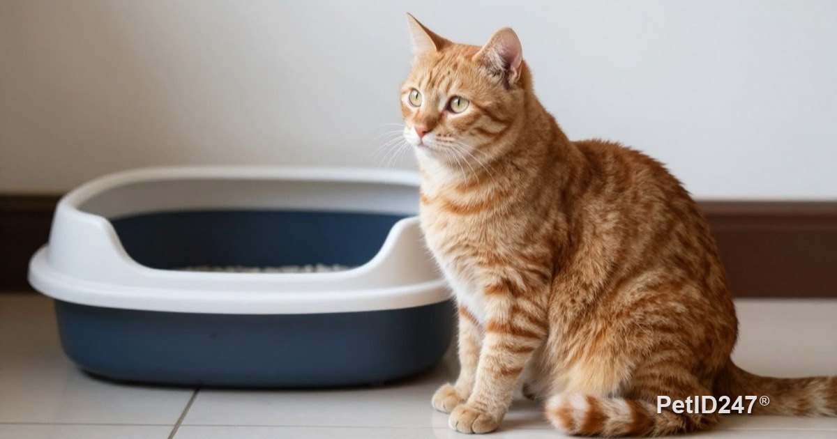 Male cat sitting beside a litter box