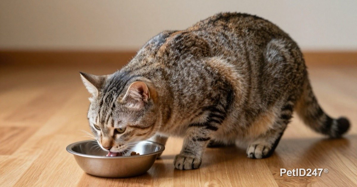 Senior cat eating from a raised bowl