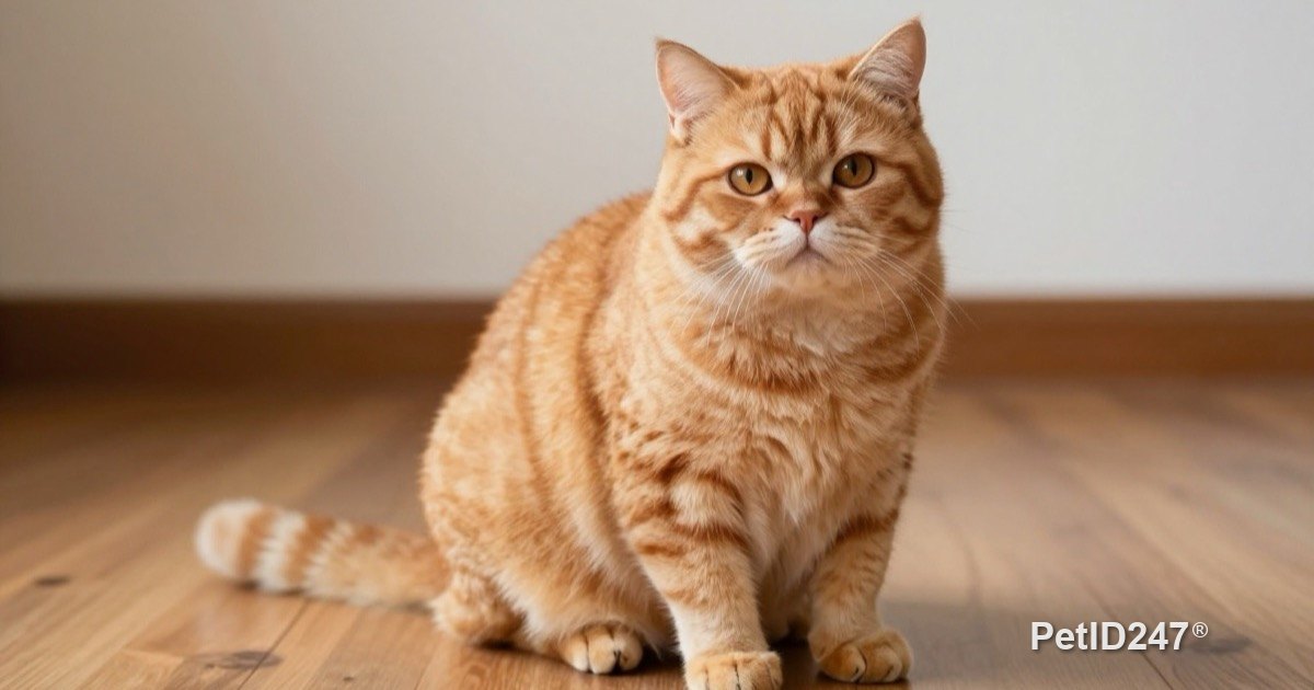 Chubby orange tabby cat sitting on a wooden floor