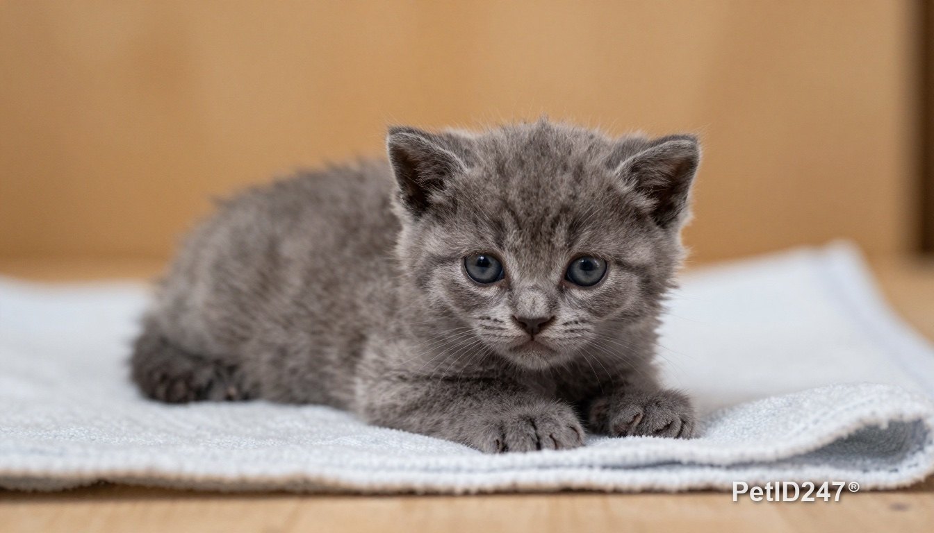 Young kitten lying on its belly on a towel