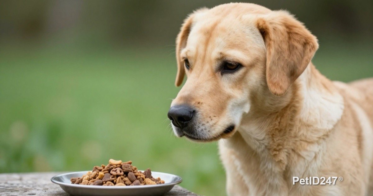 Dog next to a food bowl outdoors