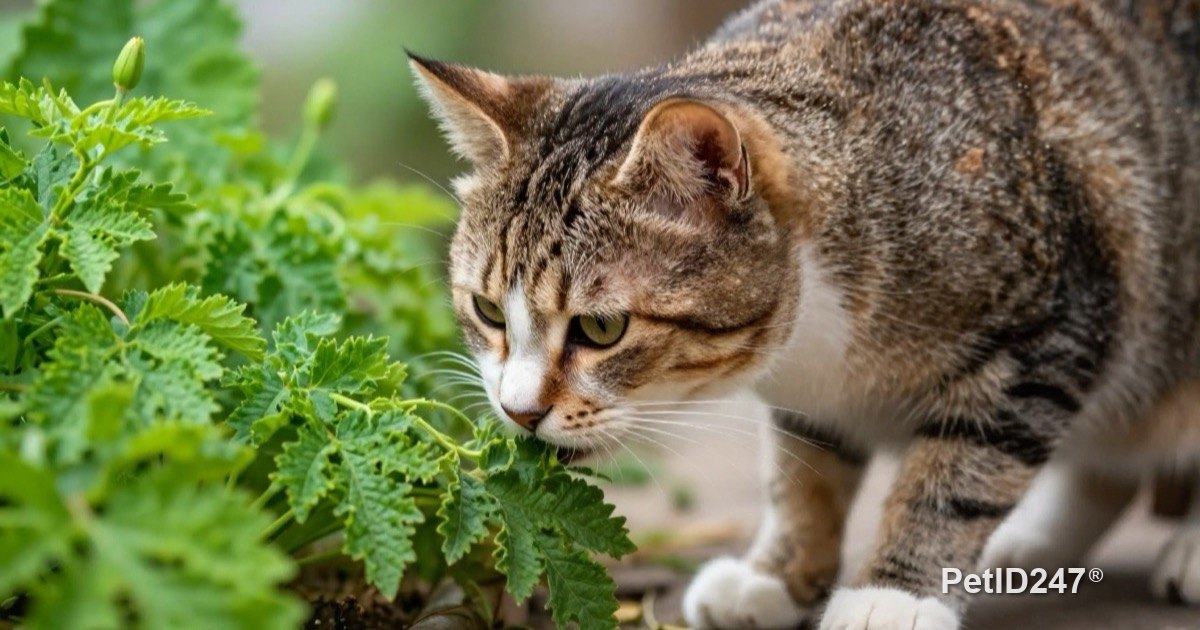 Cat sniffing a potted houseplant