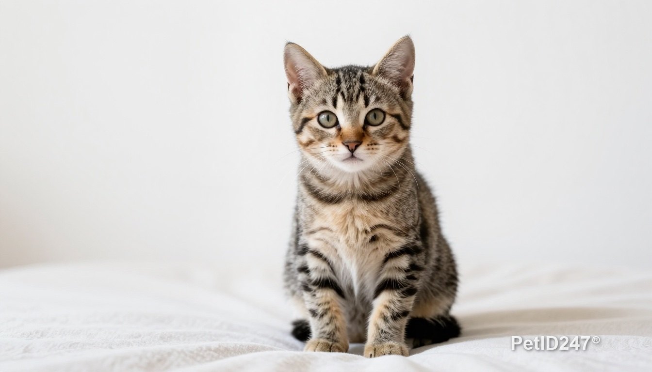 Mèo con mướp ngồi trên chăn