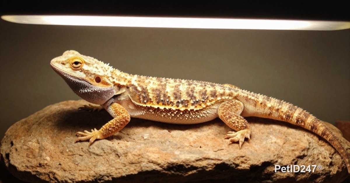 Bearded dragon basking under a lamp