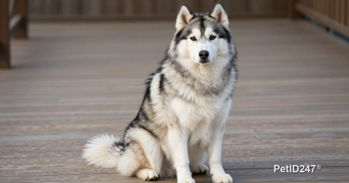 Fluffy double-coated dog sitting on a porch