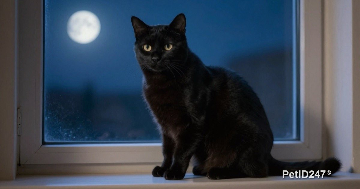 Black cat sitting by a window at night