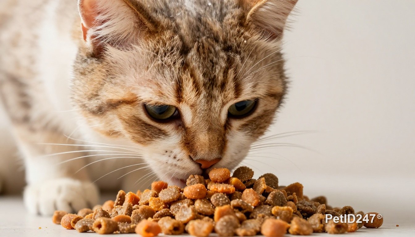 Cat eating kibble from the floor
