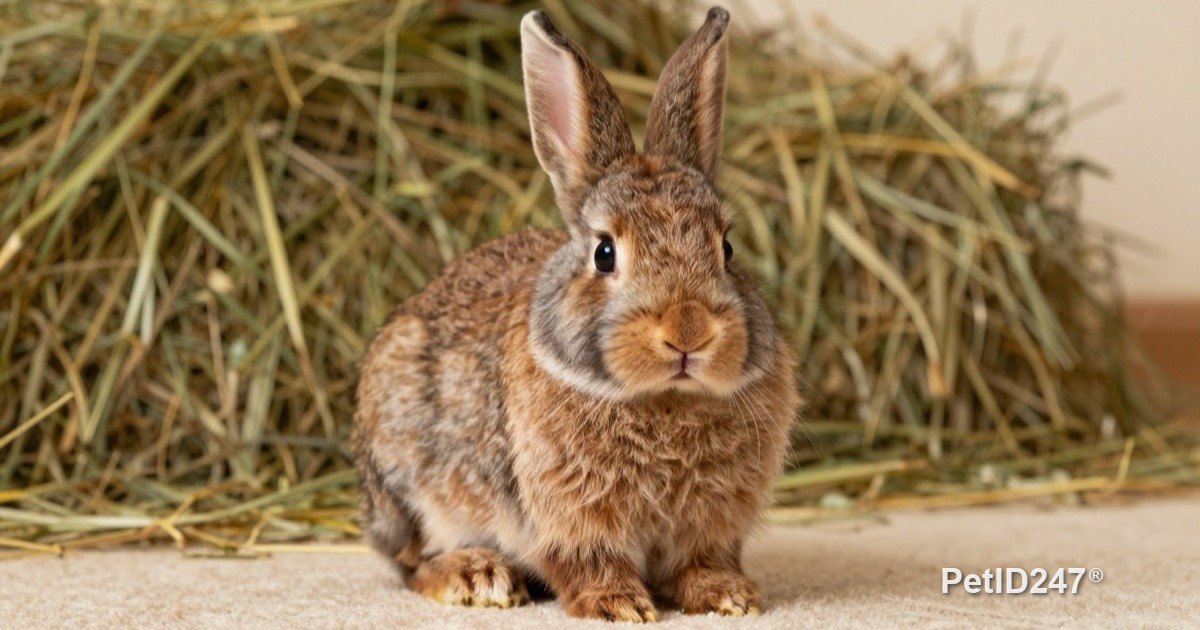 Baby rabbit sitting beside hay