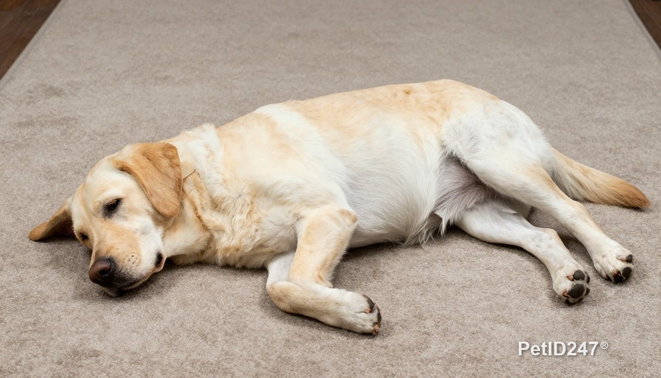 Labrador lying on its side on a rug