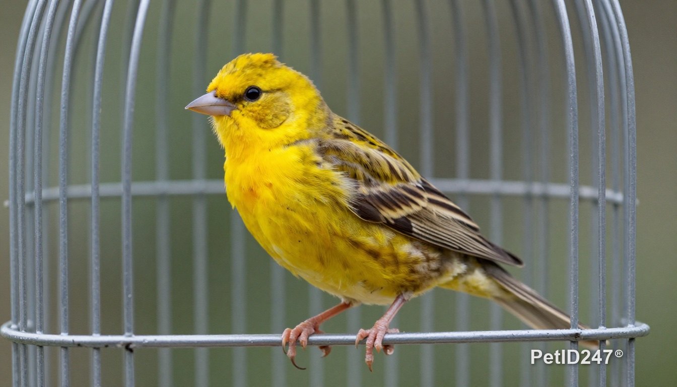 Canary sitting on a perch inside its cage