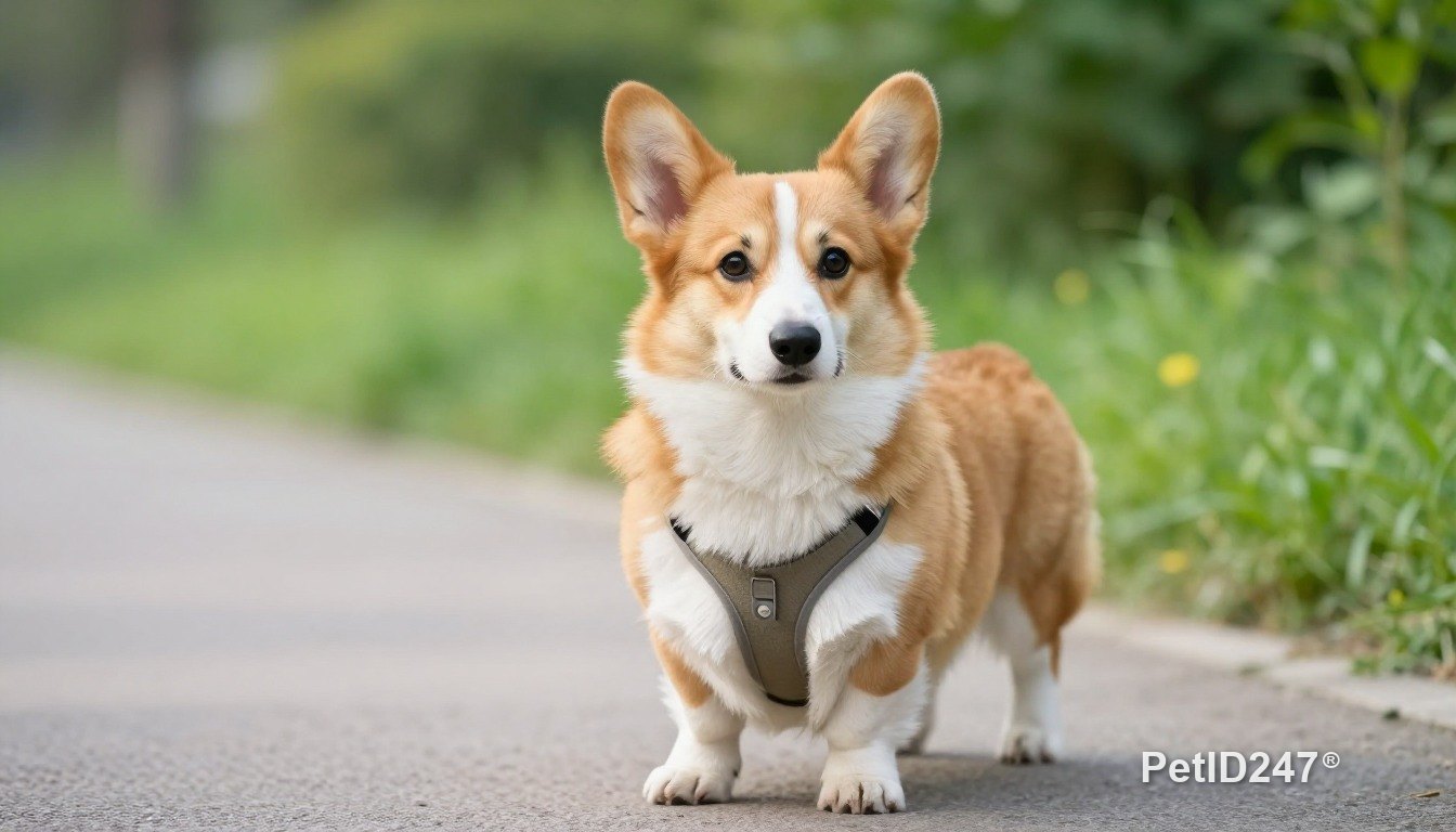 Chó corgi đeo yếm đi dạo, nắng sớm
