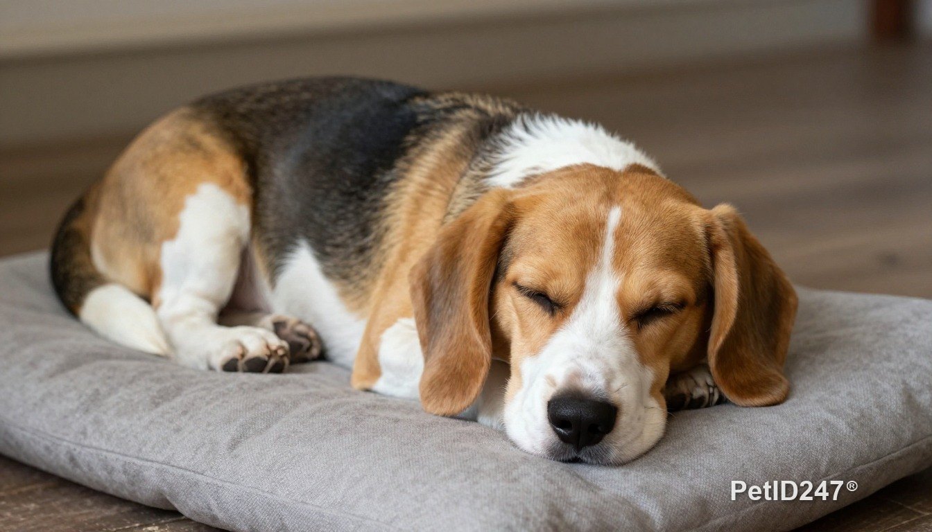 Beagle sleeping on a cushion